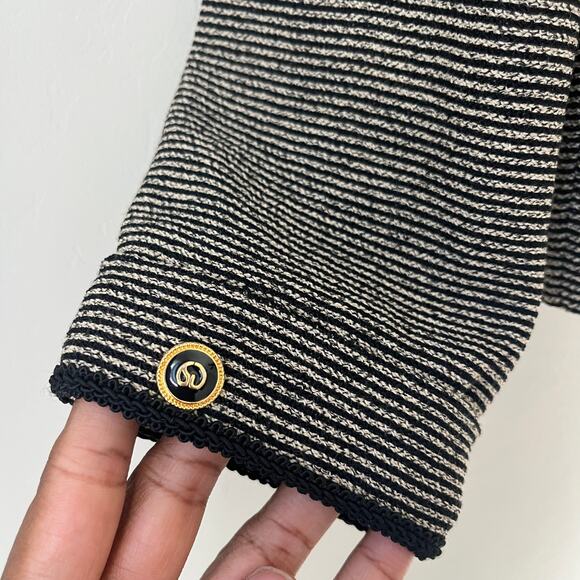 St. John Black Cream Striped Knit Wool Button Zip Up Cardigan Jacket Size 12 - Picture 9 of 9